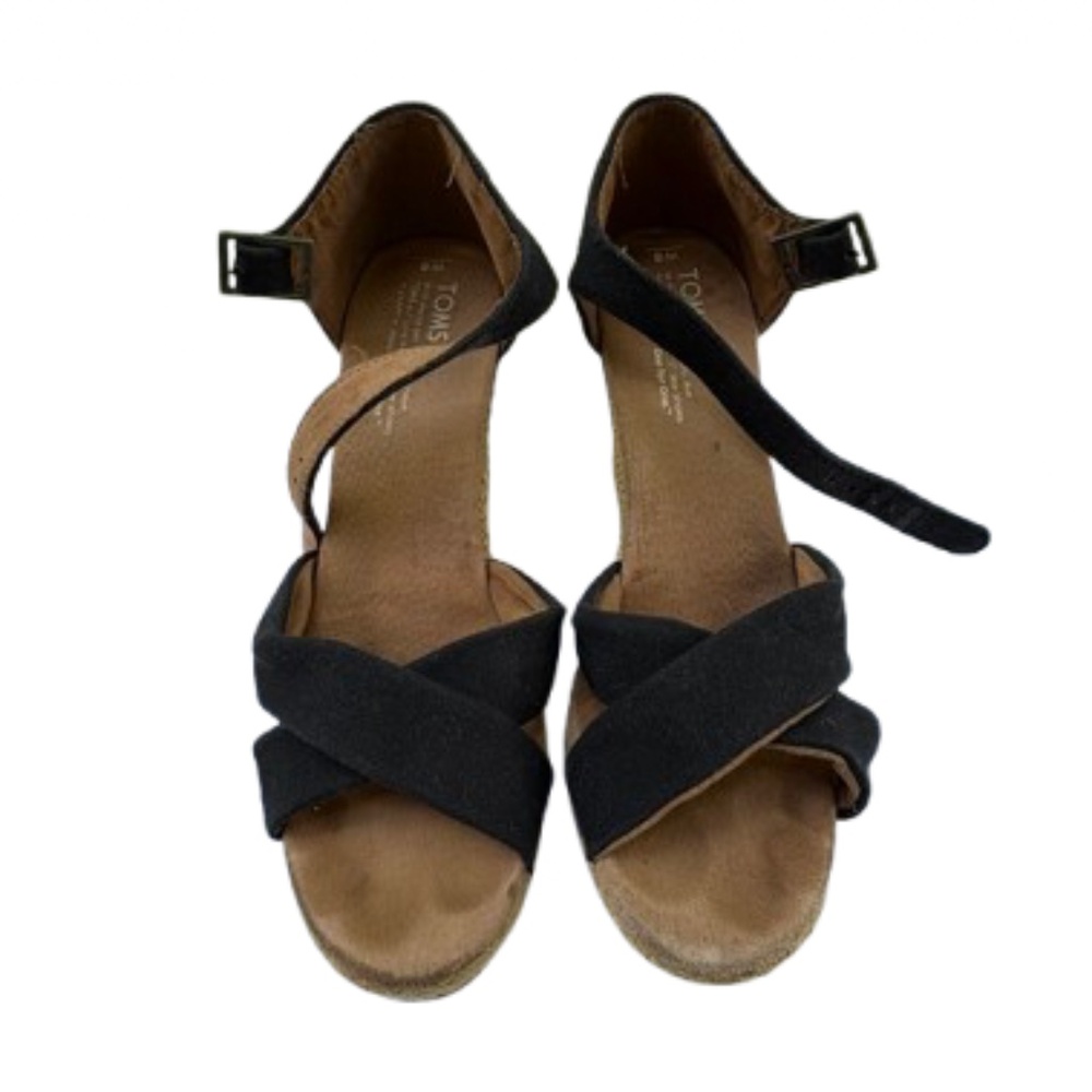 🎉 TOMS Black Wedge Sandals – Ankle Strap – Size 8